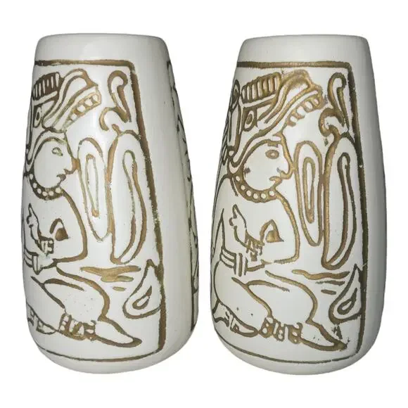 Vintage Mid-Century Mayan Aztec Native Design Vase Pair Cream Gold USA Made - Picture 13 of 16